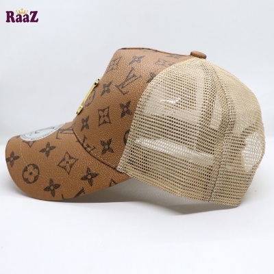 Picture of Brown Metal Logo Premium China Leather Half Net Imported Cap