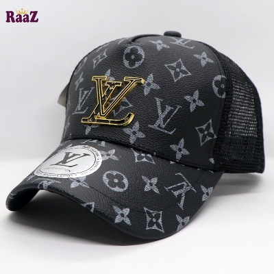 Picture of Black Metal Logo Premium China Leather Half Net Imported Cap