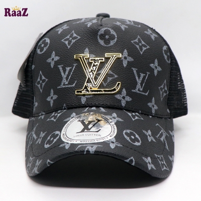 Picture of Black Metal Logo Premium China Leather Half Net Imported Cap