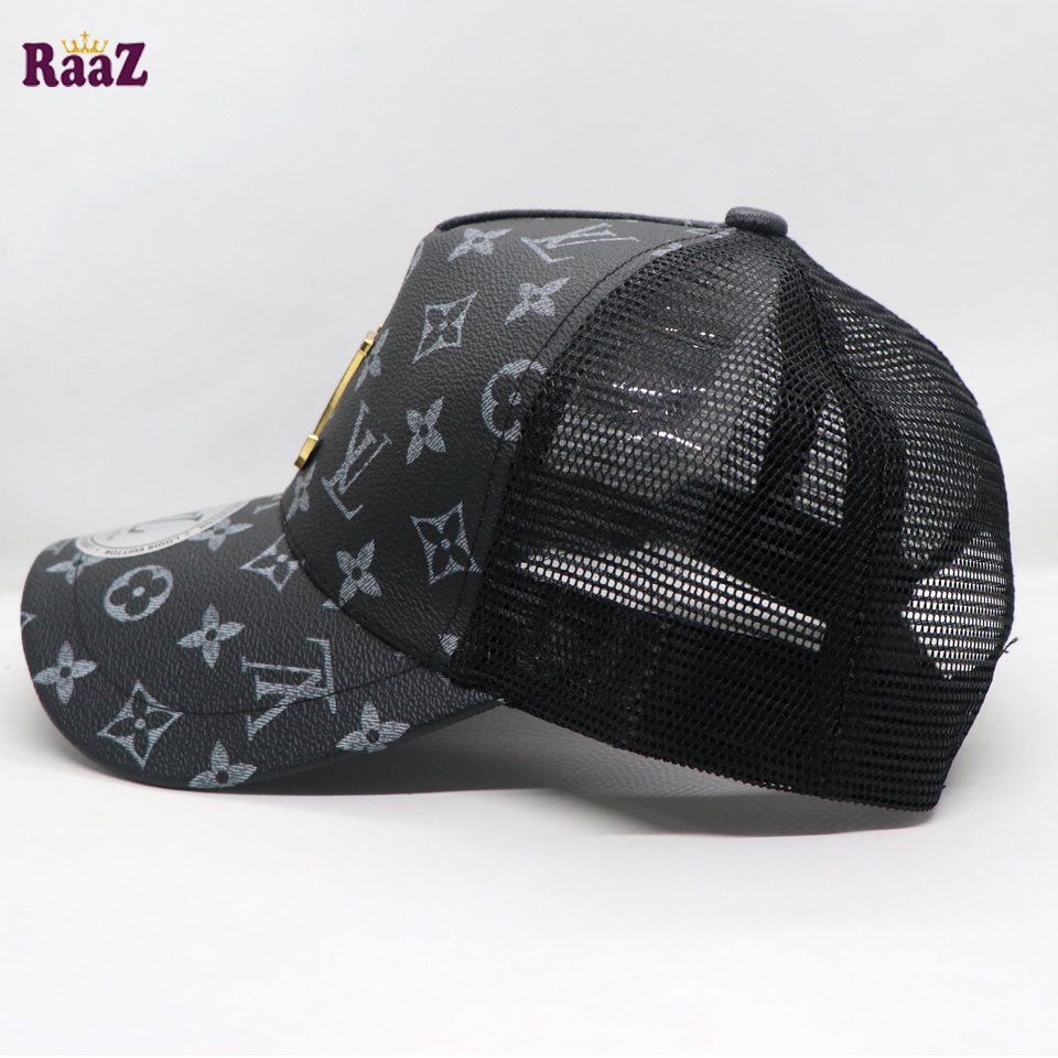 Picture of Black Metal Logo Premium China Leather Half Net Imported Cap