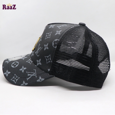 Picture of Black Metal Logo Premium China Leather Half Net Imported Cap