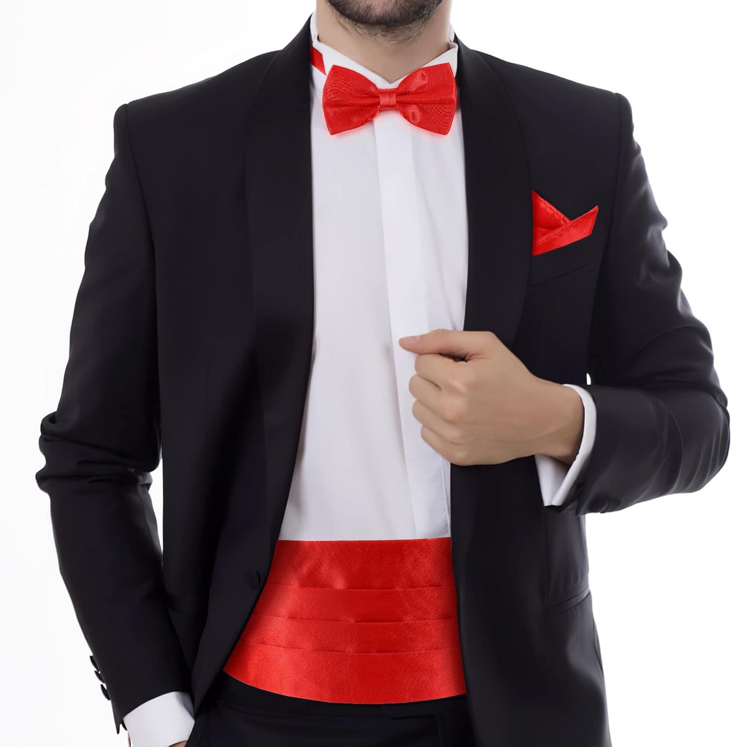 Picture of 3 Pcs Men's Satin Bow Tie Cummerbund with Handkerchief for Parties Weddings Proms (Red)