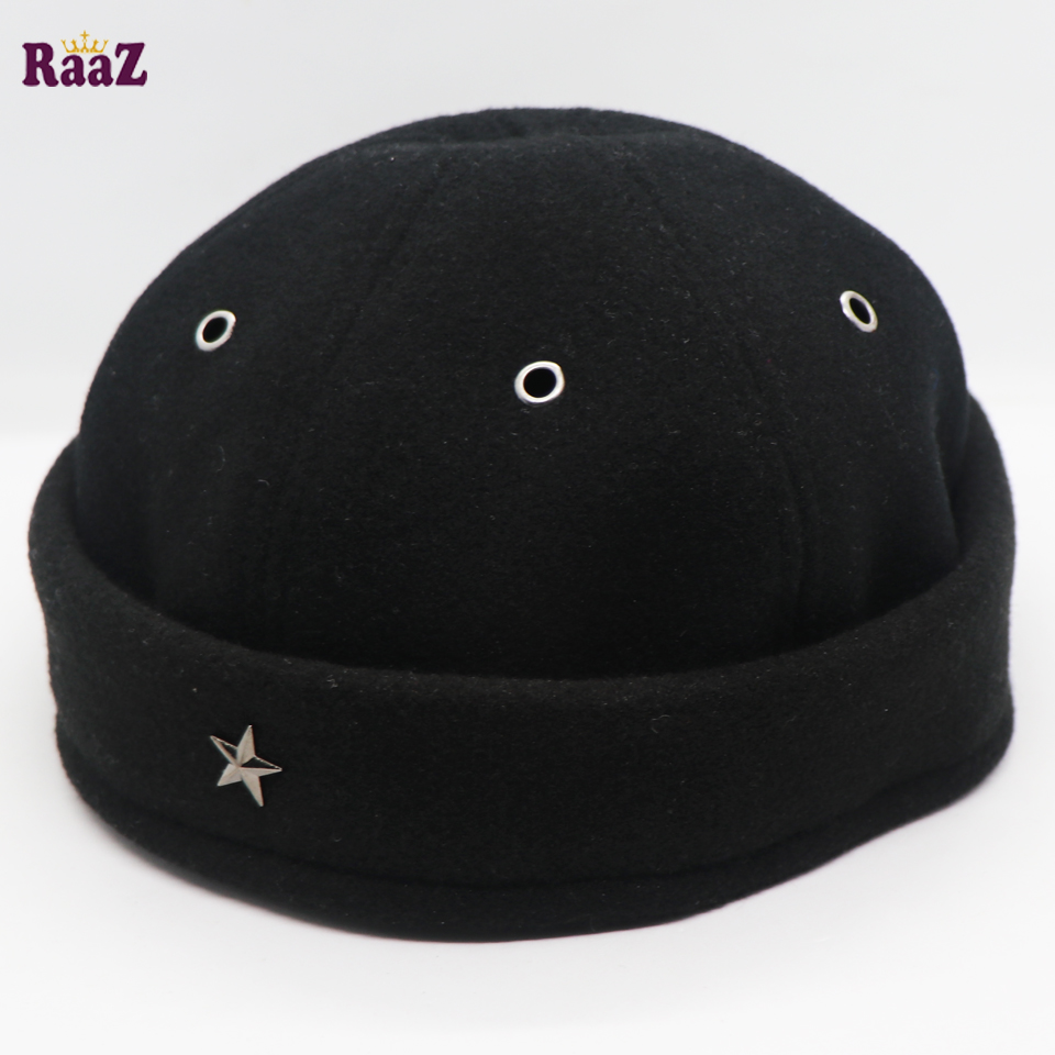 Picture of Black Star Spandex Vintage Distressed Brimless Cap Rolled Cuff Skull Cap for Women and Men Wool Docker Hat (Free Size)
