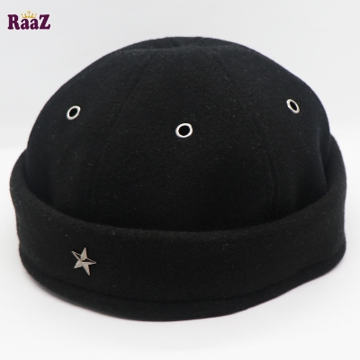 Picture of Black Star Spandex Vintage Distressed Brimless Cap Rolled Cuff Skull Cap for Women and Men Wool Docker Hat (Free Size)