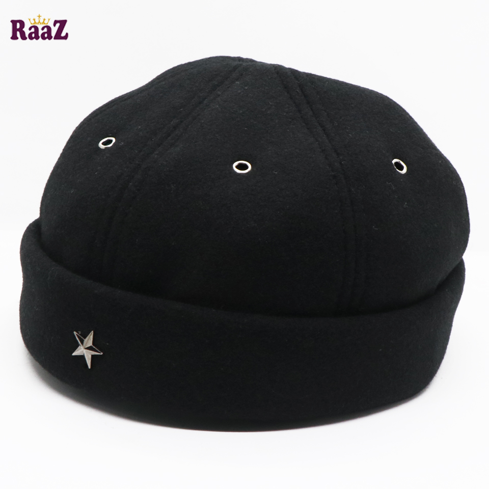 Picture of Black Star Spandex Vintage Distressed Brimless Cap Rolled Cuff Skull Cap for Women and Men Wool Docker Hat (Free Size)