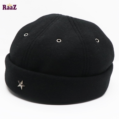 Picture of Black Star Spandex Vintage Distressed Brimless Cap Rolled Cuff Skull Cap for Women and Men Wool Docker Hat (Free Size)