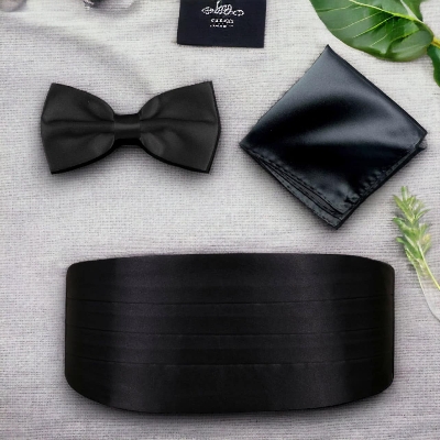 Picture of 3 Pcs Men's Satin Bow Tie Cummerbund with Handkerchief for Parties Weddings Proms (Black)
