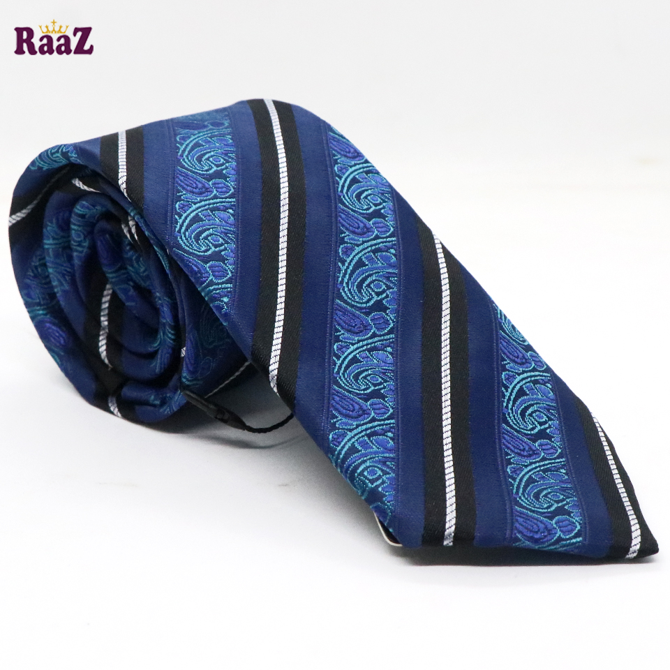 Picture of Blue Flower Design Black Stripe Tie For Men