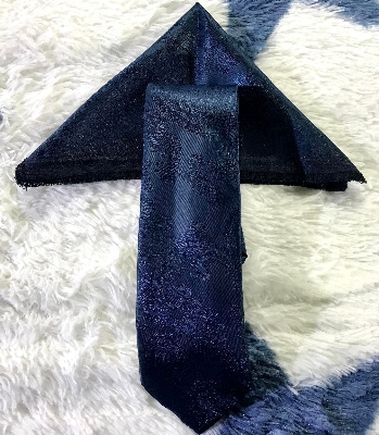 Picture of Navy Blue Floral Design Tie And Pocket Square Set For Men