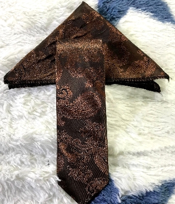 Picture of Coffee Floral Design Tie And Pocket Square Set For Men