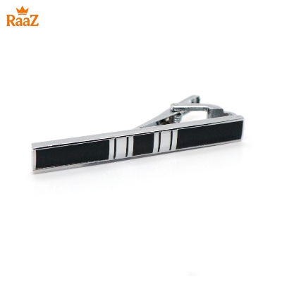 Picture of Black Silver Vertical Stripe Brushed Steel Tie Clip for Men