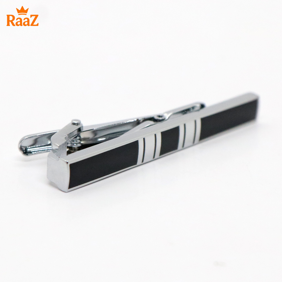 Picture of Black Silver Vertical Stripe Brushed Steel Tie Clip for Men