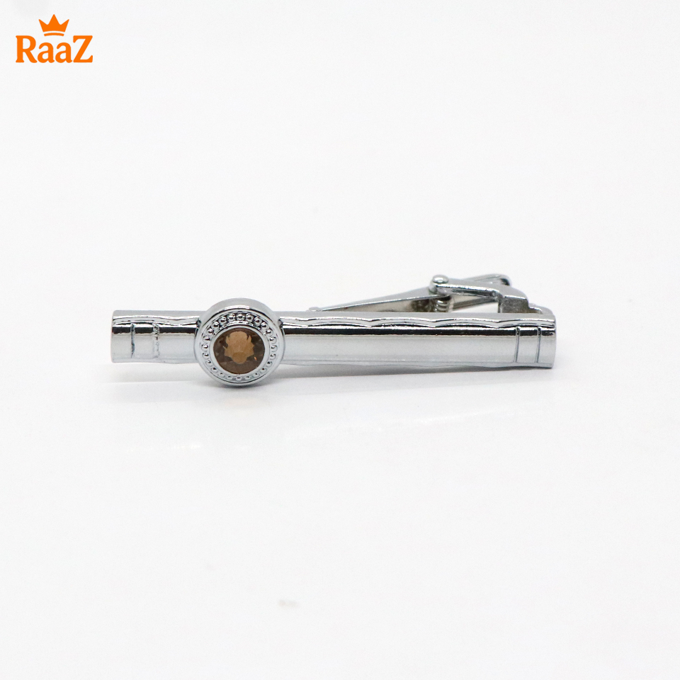 Picture of Silver Brown Stone Premium Stainless Steel Tie Clip Bar For Men
