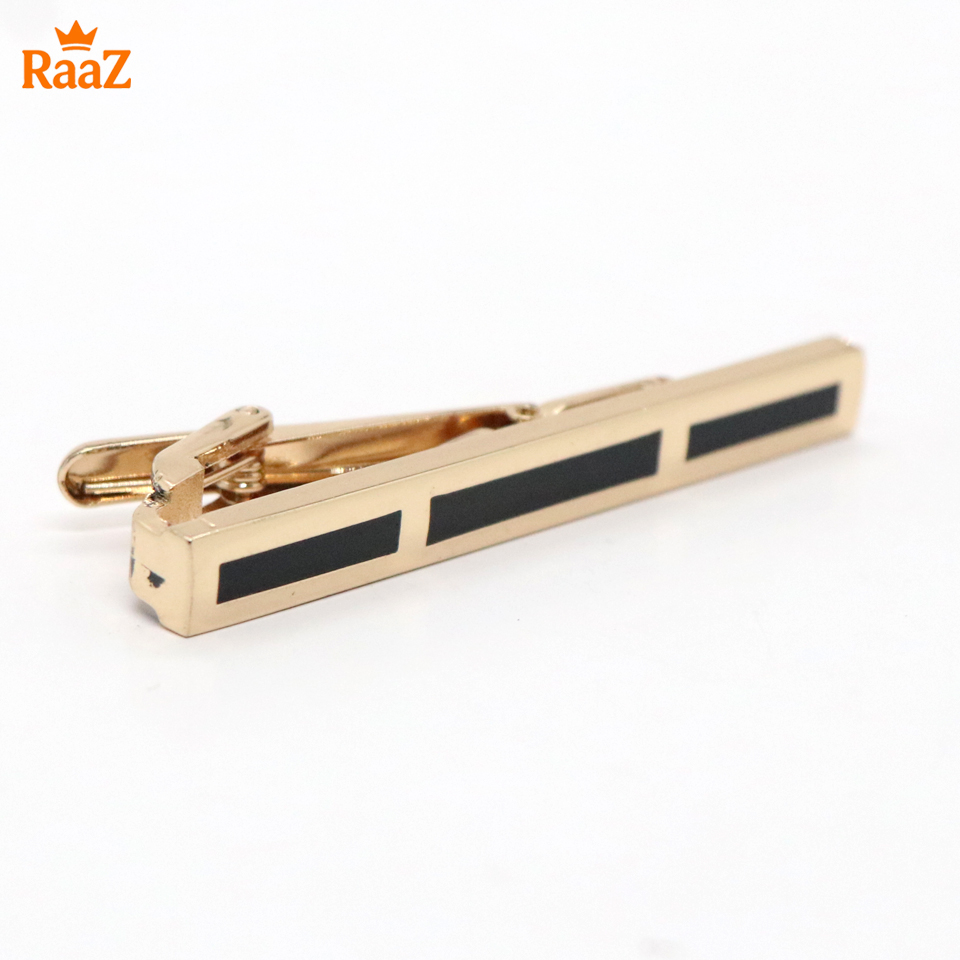 Picture of Gold Black Vertical Stripe Brushed Steel Tie Clip for Men