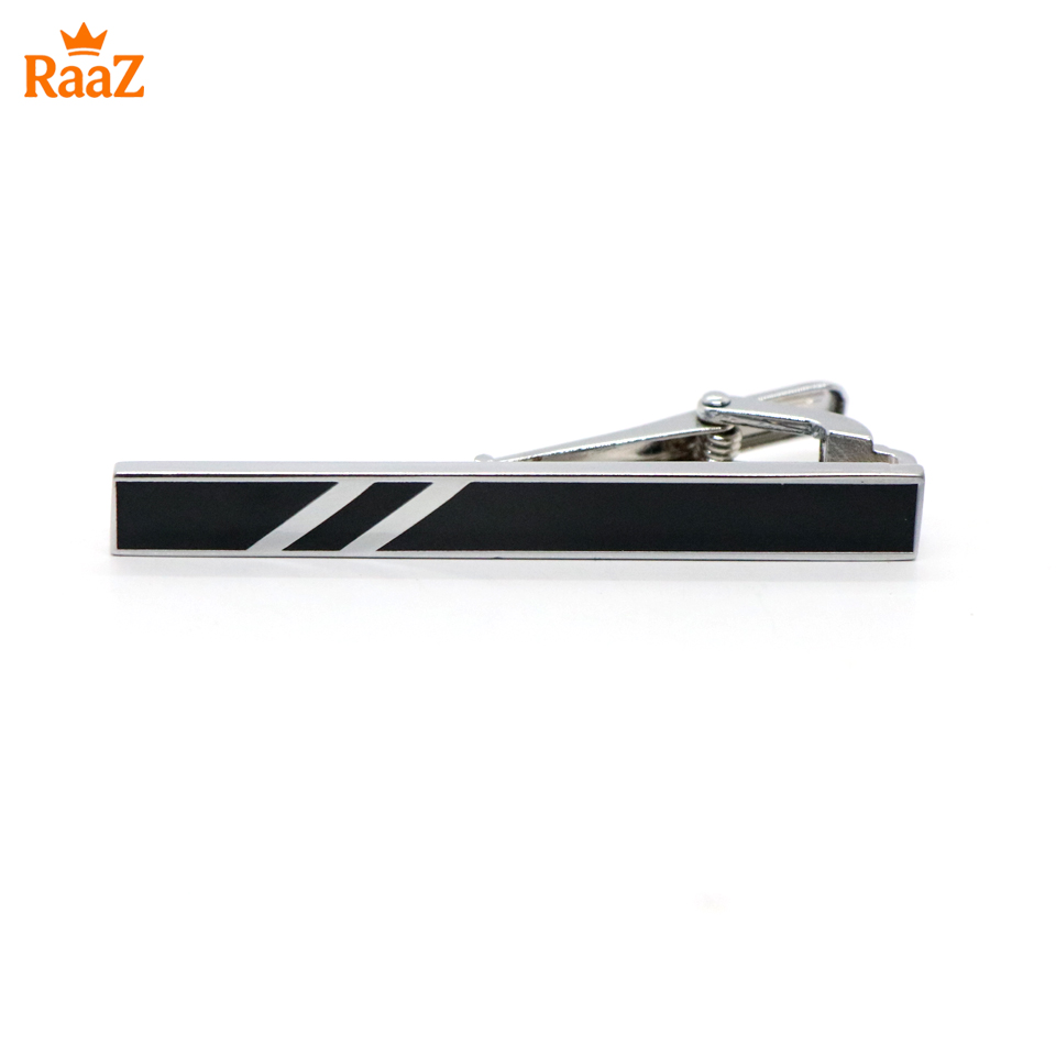 Picture of Black Silver Vertical Stripe Brushed Steel Tie Clip for Men