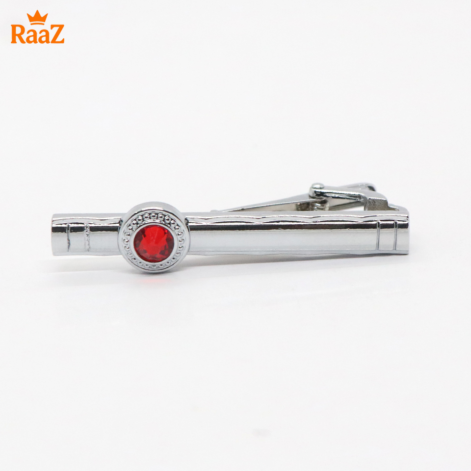 Picture of Silver Red Stone Premium Stainless Steel Tie Clip Bar For Men
