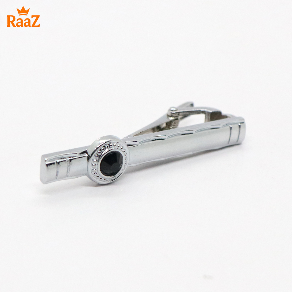 Picture of Silver Black Stone Premium Stainless Steel Tie Clip Bar For Men