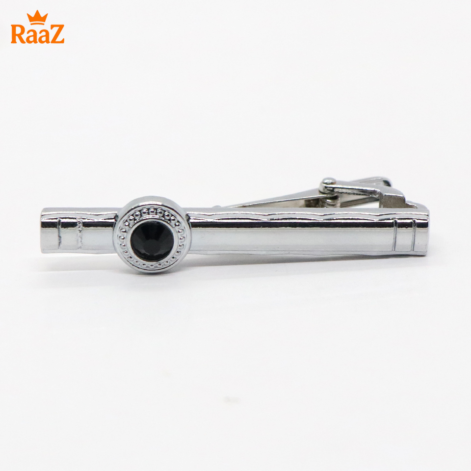 Picture of Silver Black Stone Premium Stainless Steel Tie Clip Bar For Men