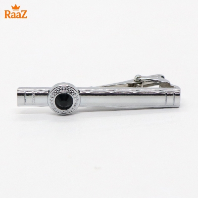 Picture of Silver Black Stone Premium Stainless Steel Tie Clip Bar For Men