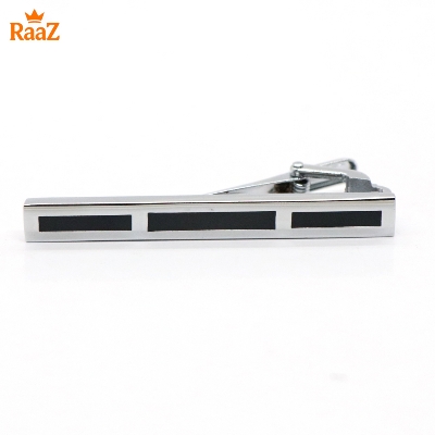 Picture of Silver Black Polished Stone Accent Tie Clip for Men