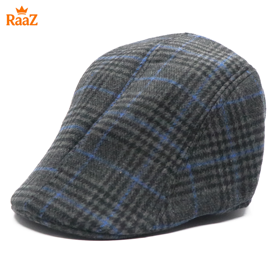 Picture of Black Wool Blue Line Timeless Wool Check Flat Cap For Men