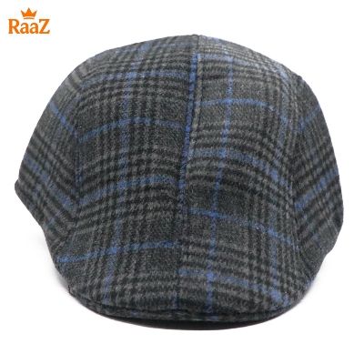 Picture of Black Wool Blue Line Timeless Wool Check Flat Cap For Men