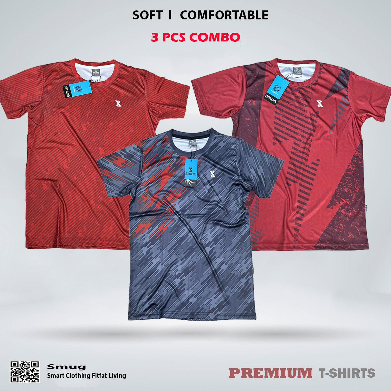 Picture of SMUG Premium Combo Offer T-shirt - Grey , Red and Maroon