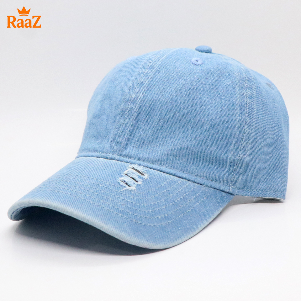 Picture of Sky Blue Denim Ripped Visor Cap For Men