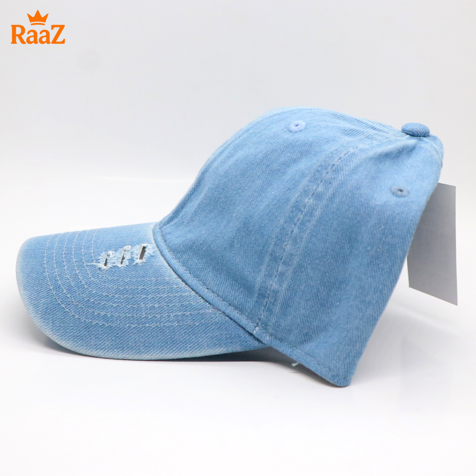 Picture of Sky Blue Denim Ripped Visor Cap For Men