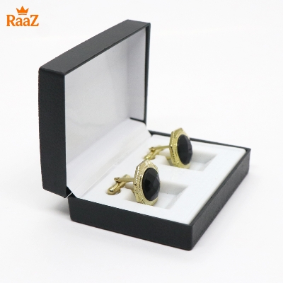 Picture of Golden Black Ruby Center Round Frame Cufflink For Men