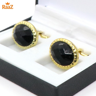 Picture of Golden Black Oval Shape Smoky Quartz Stone Cufflink For Men