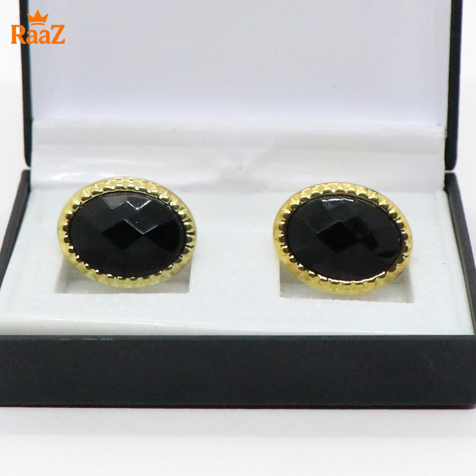 Picture of Golden Black Oval Shape Smoky Quartz Stone Cufflink For Men