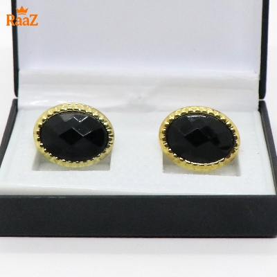 Picture of Golden Black Oval Shape Smoky Quartz Stone Cufflink For Men