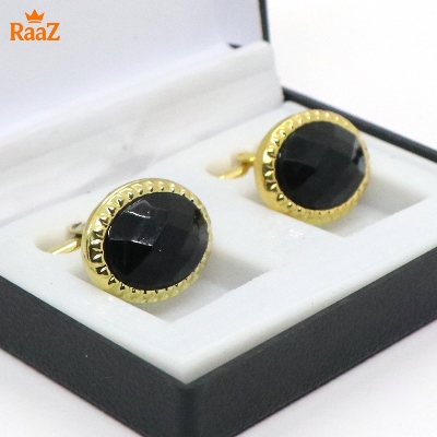 Picture of Golden Black Oval Shape Smoky Quartz Stone Cufflink For Men