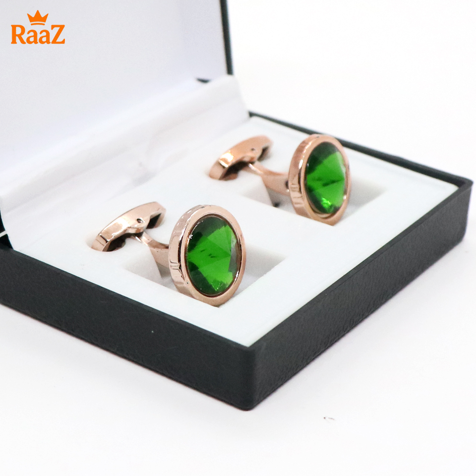 Picture of Golden Frame Green Emerald Round Cufflink For Men