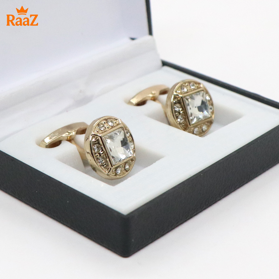 Picture of Golden White Ruby Center Round Frame Cufflink For Men