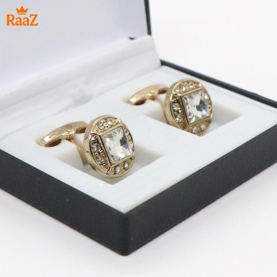 Picture of Golden White Ruby Center Round Frame Cufflink For Men