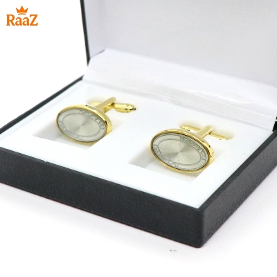 Picture of Golden White Oval Shape Floral Crest Antique Cufflink For Men