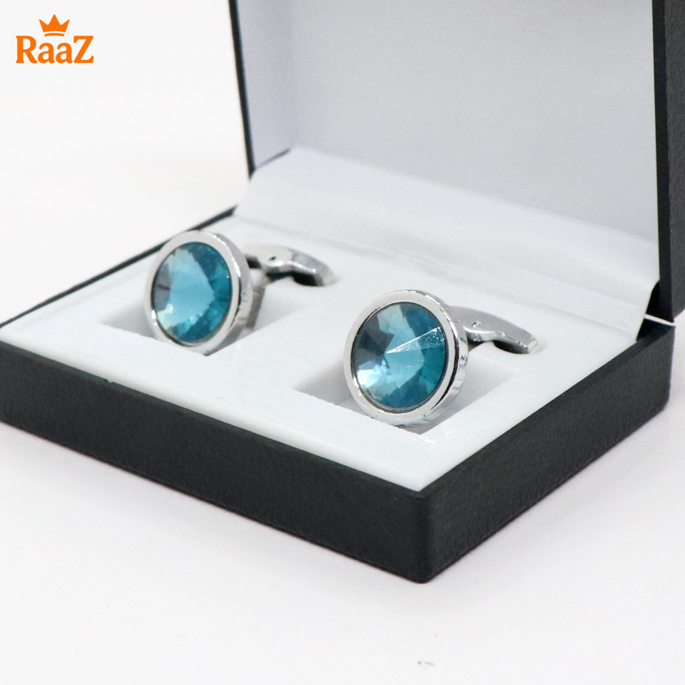 Picture of Silver Light Blue Ruby Center Round Frame Cufflink For Men