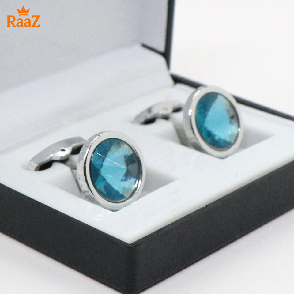 Picture of Silver Light Blue Ruby Center Round Frame Cufflink For Men