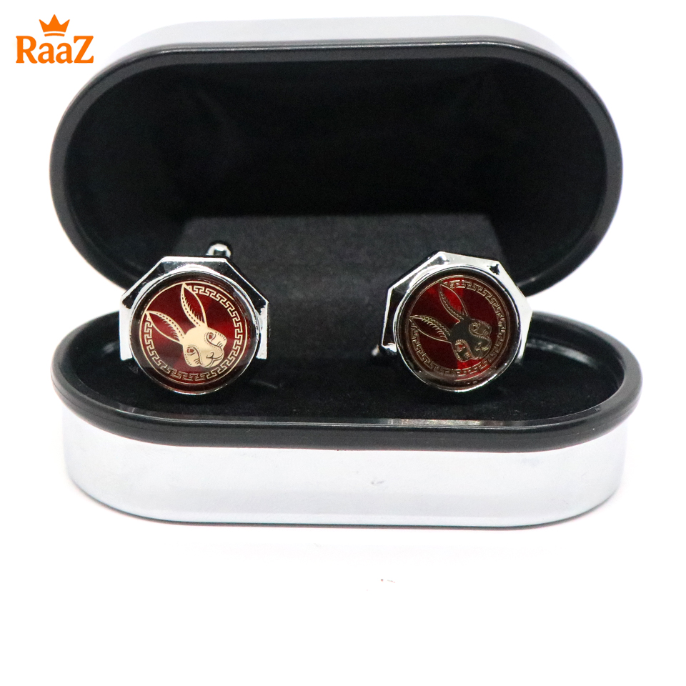 Picture of Silver Red Bunny Head Ruby Center Round Frame Cufflink For Men
