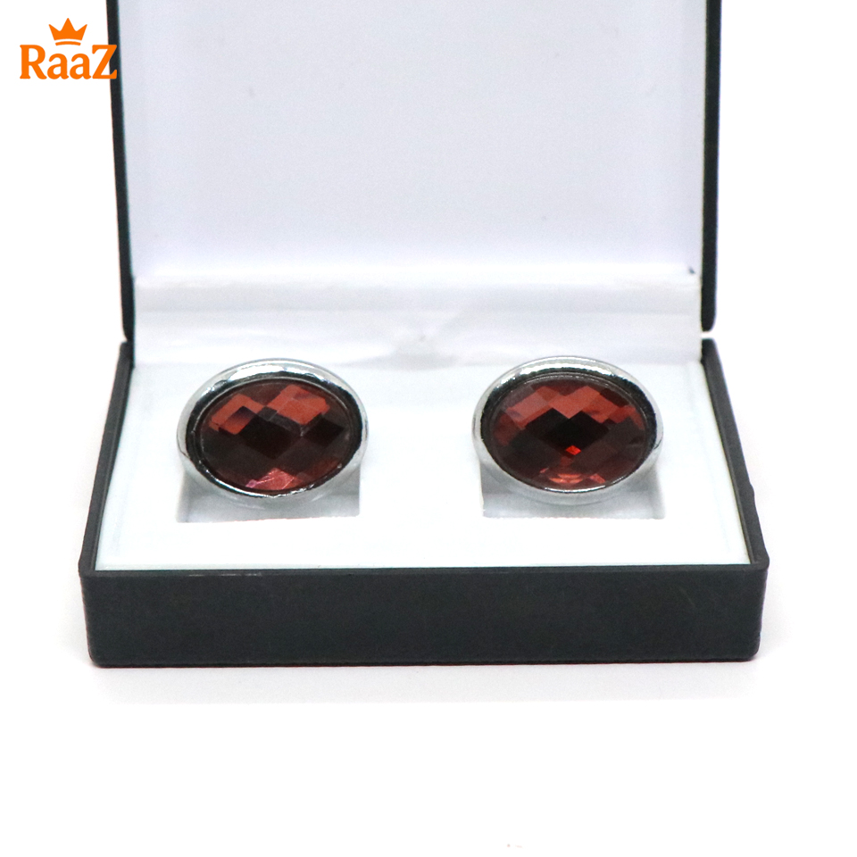 Picture of Silver Red Smoky Quartz Oval Stone Cufflink For Men
