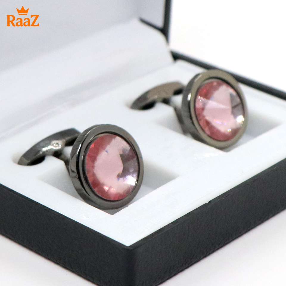 Picture of Pink Black Ruby Center Round Frame Cufflink For Men