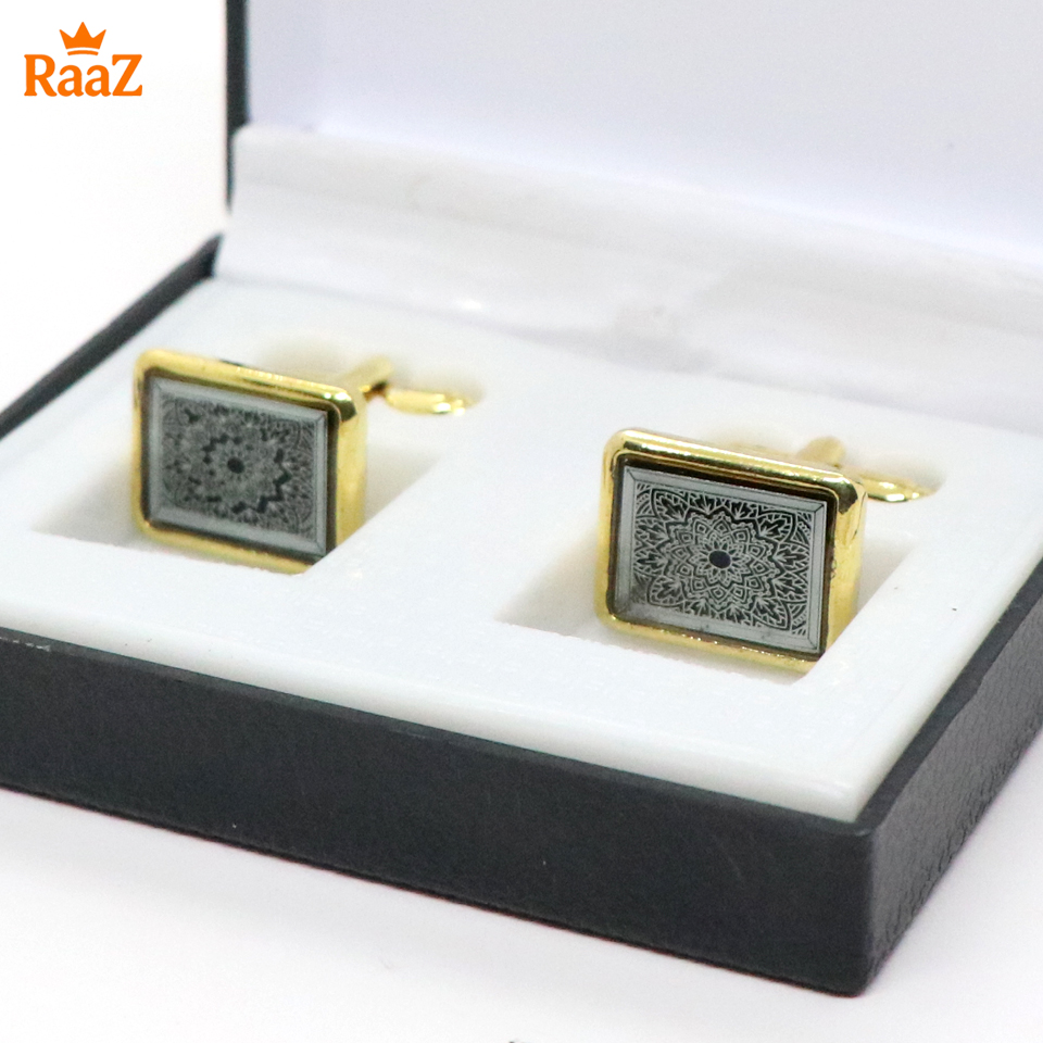 Picture of Golden Black Floral Crest Antique Cufflink For Men