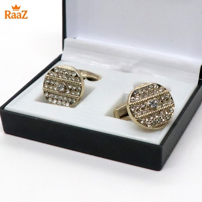 Picture of Golden White Stone Ruby Center Round Frame Cufflink For Men