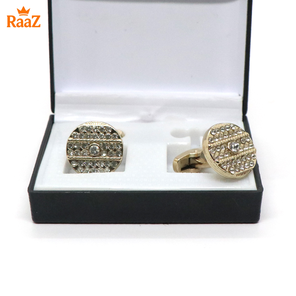 Picture of Golden White Stone Ruby Center Round Frame Cufflink For Men