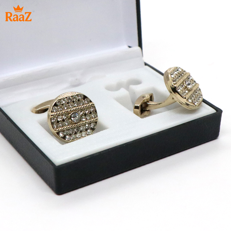 Picture of Golden White Stone Ruby Center Round Frame Cufflink For Men