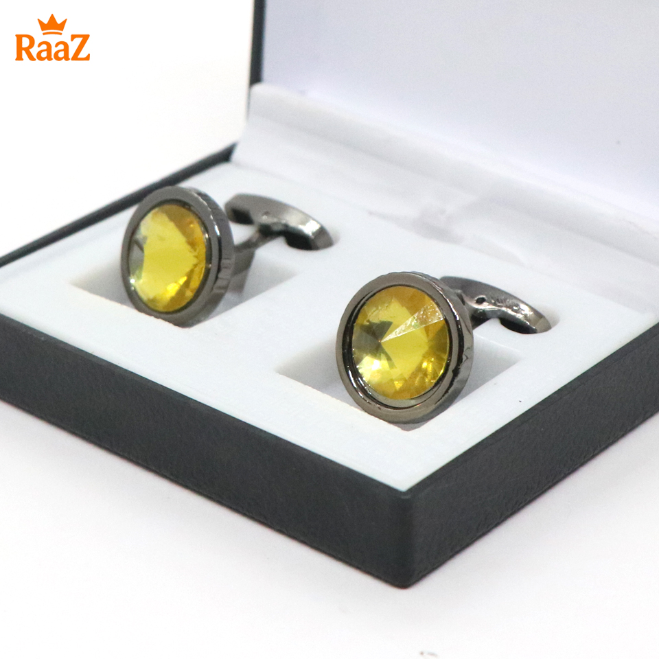 Picture of Black Yellow Ruby Center Round Frame Cufflink For Men