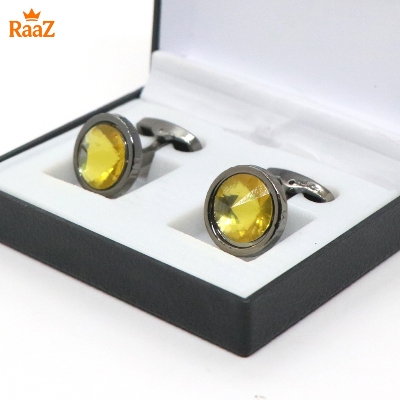 Picture of Black Yellow Ruby Center Round Frame Cufflink For Men