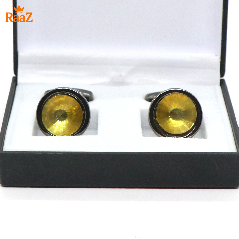 Picture of Black Yellow Ruby Center Round Frame Cufflink For Men